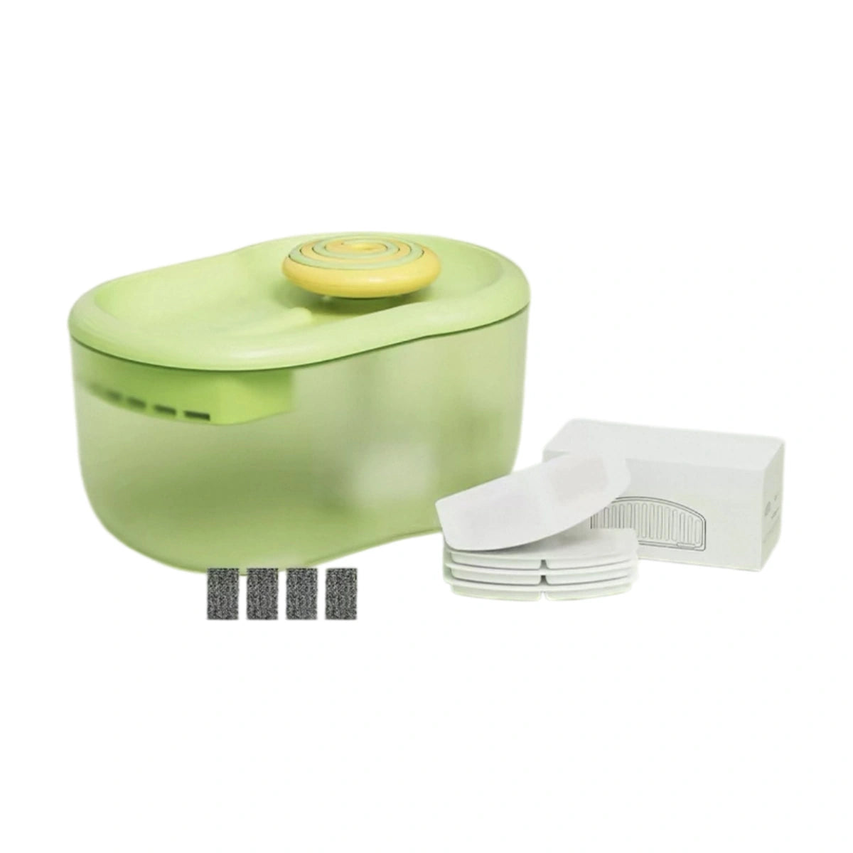 Pukaco pet fountain: green fountain beside filter bundle