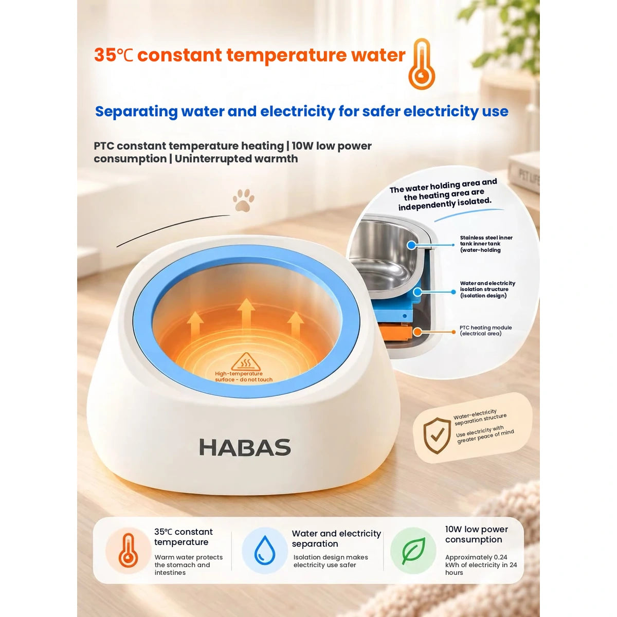 HABAS heated pet bowl: heated water bowl component diagram