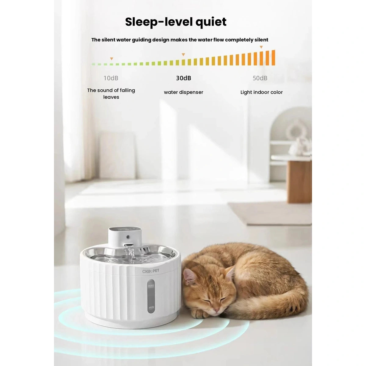 Ckin Pet cat fountain: cat sleeping beside white fountain