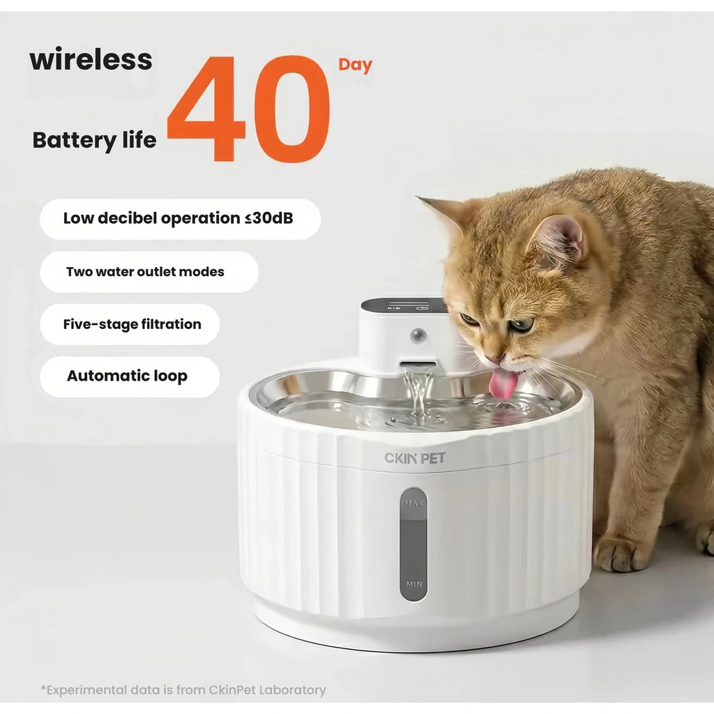 Ckin Pet cat fountain: Ckin fountain and battery runtime illustration