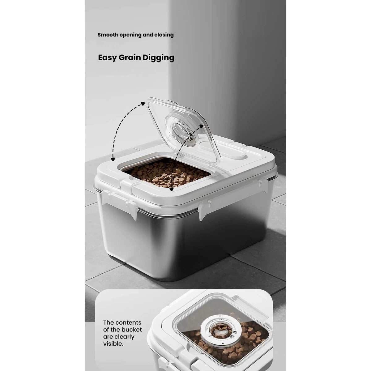 BNBNO pet food bin: storage bin open with dry pet food