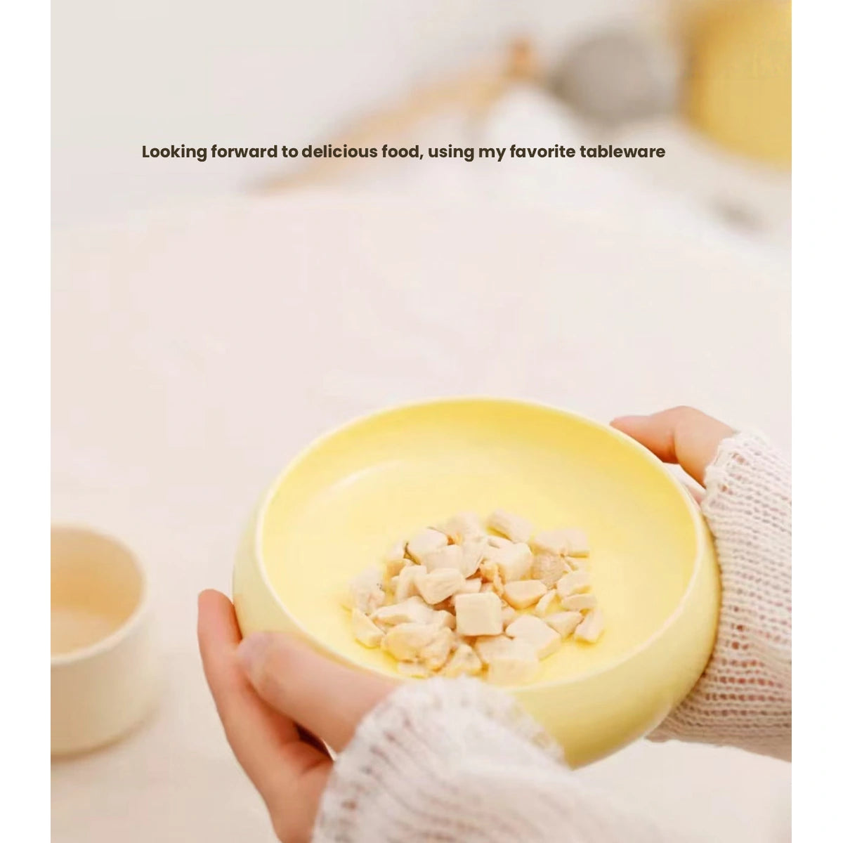 Meoof Gulu pet bowl: yellow bowl held for feeding
