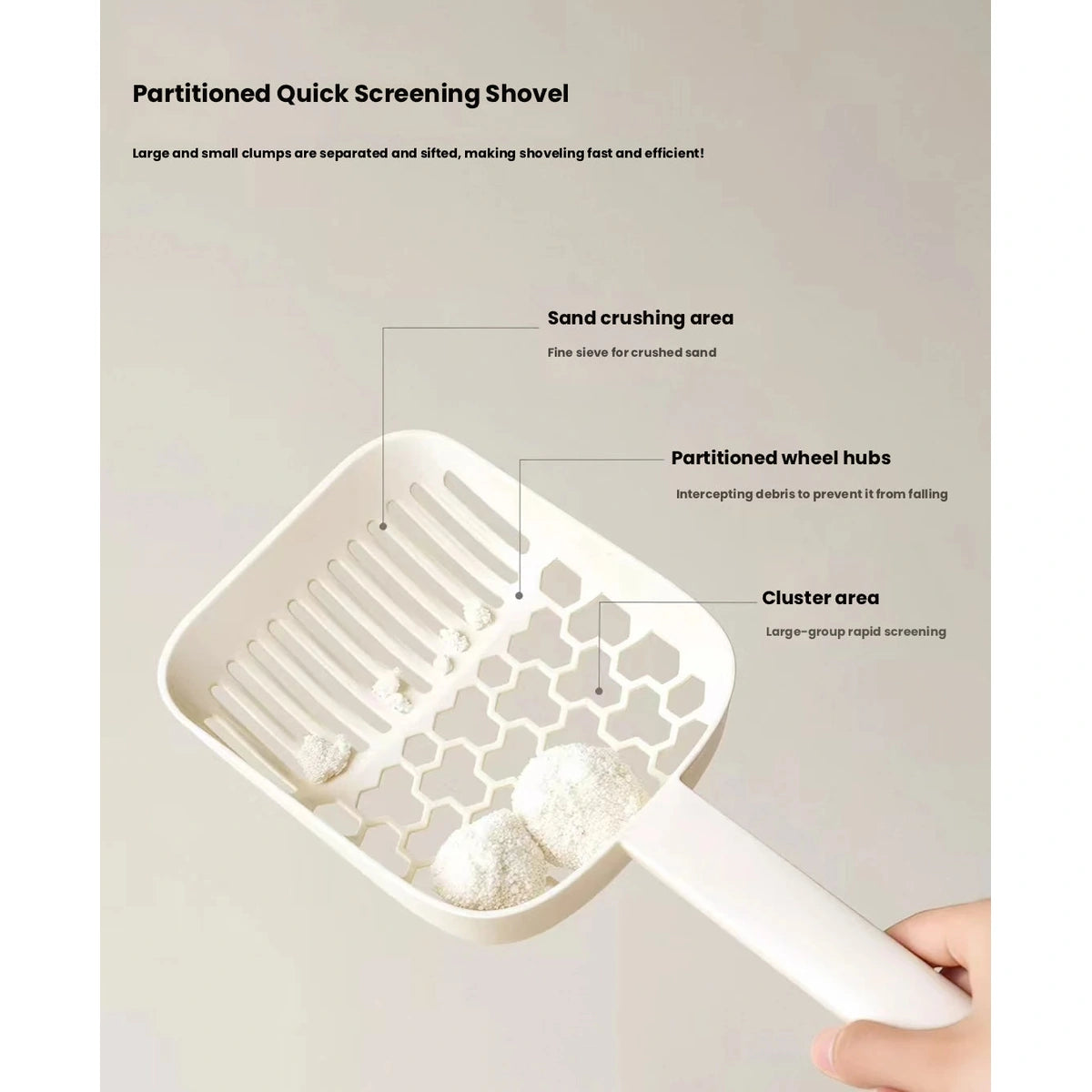 Hand holding cream Meoof slotted cat litter scoop