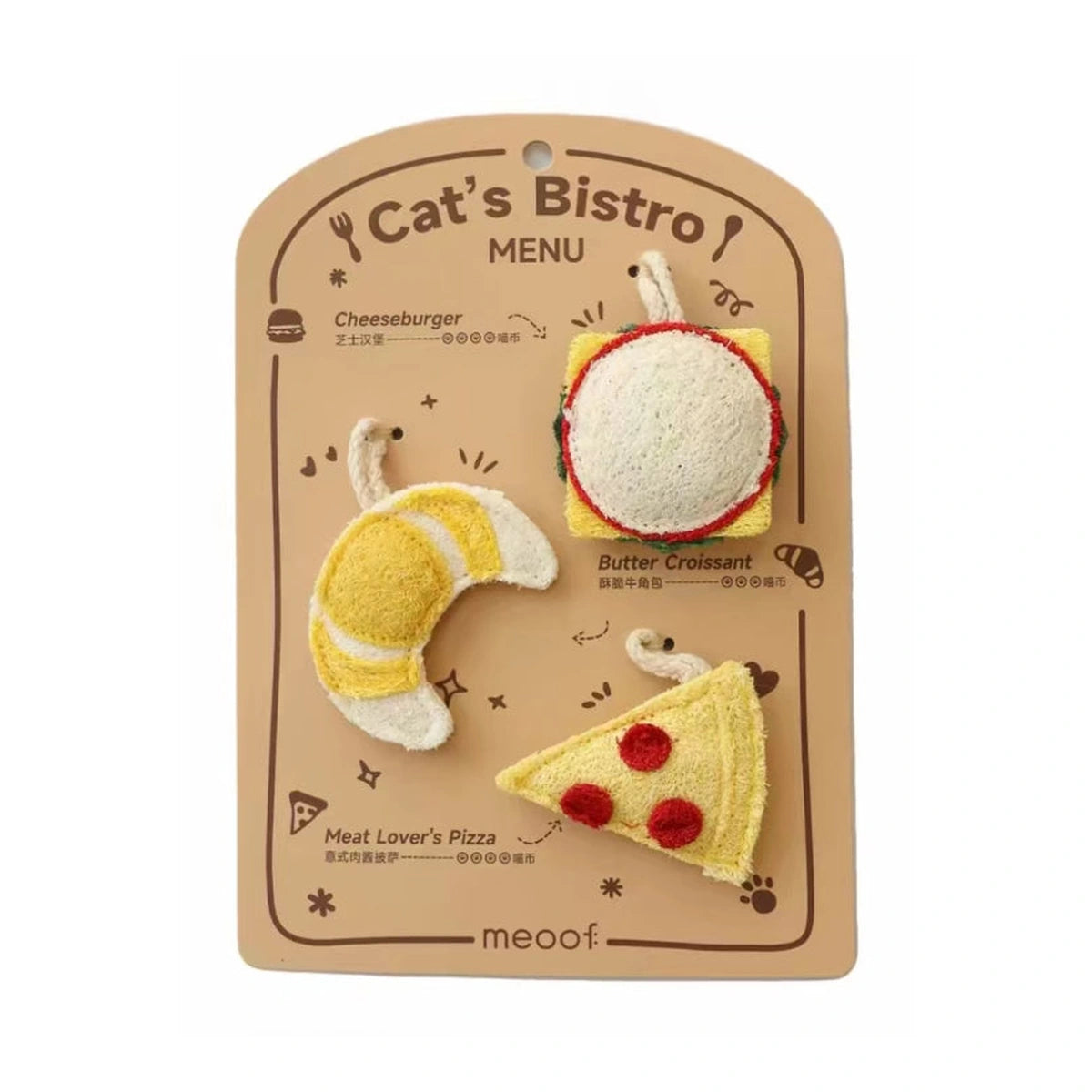 Meoof Cat Bistro food-themed textured cat toys on backing card
