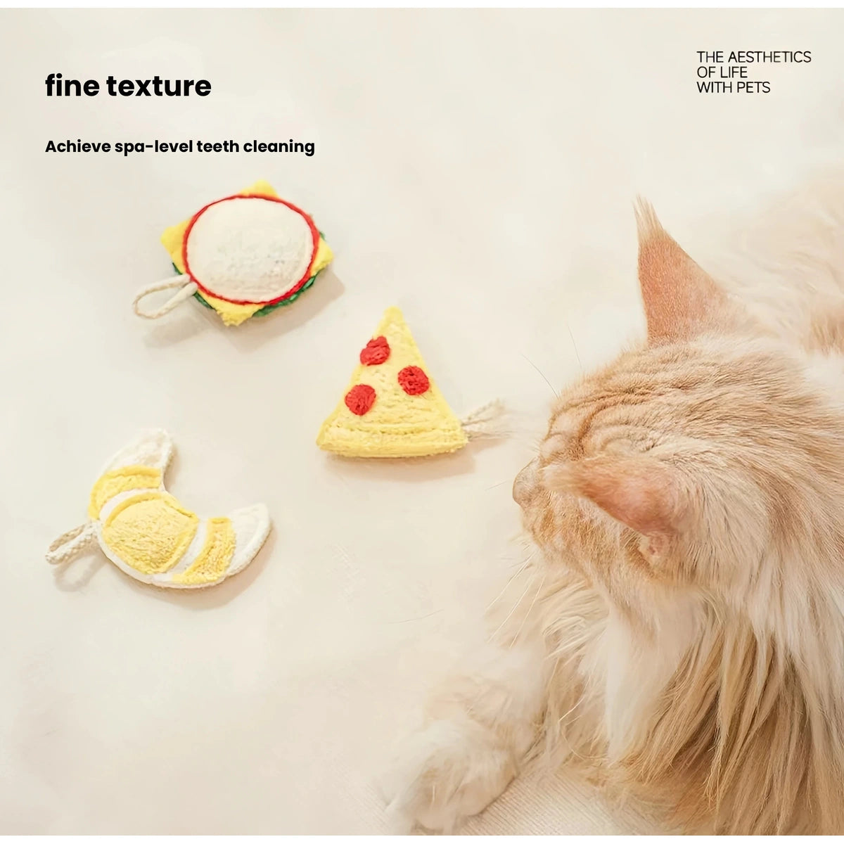 Cat looking toward small Meoof food-themed toys