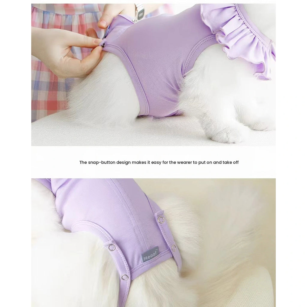 Purple Meoof cat suit showing body coverage and ties