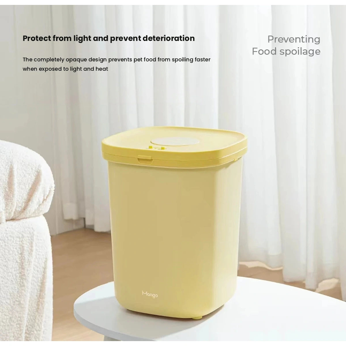 Yellow Mango pet food bin on a home floor
