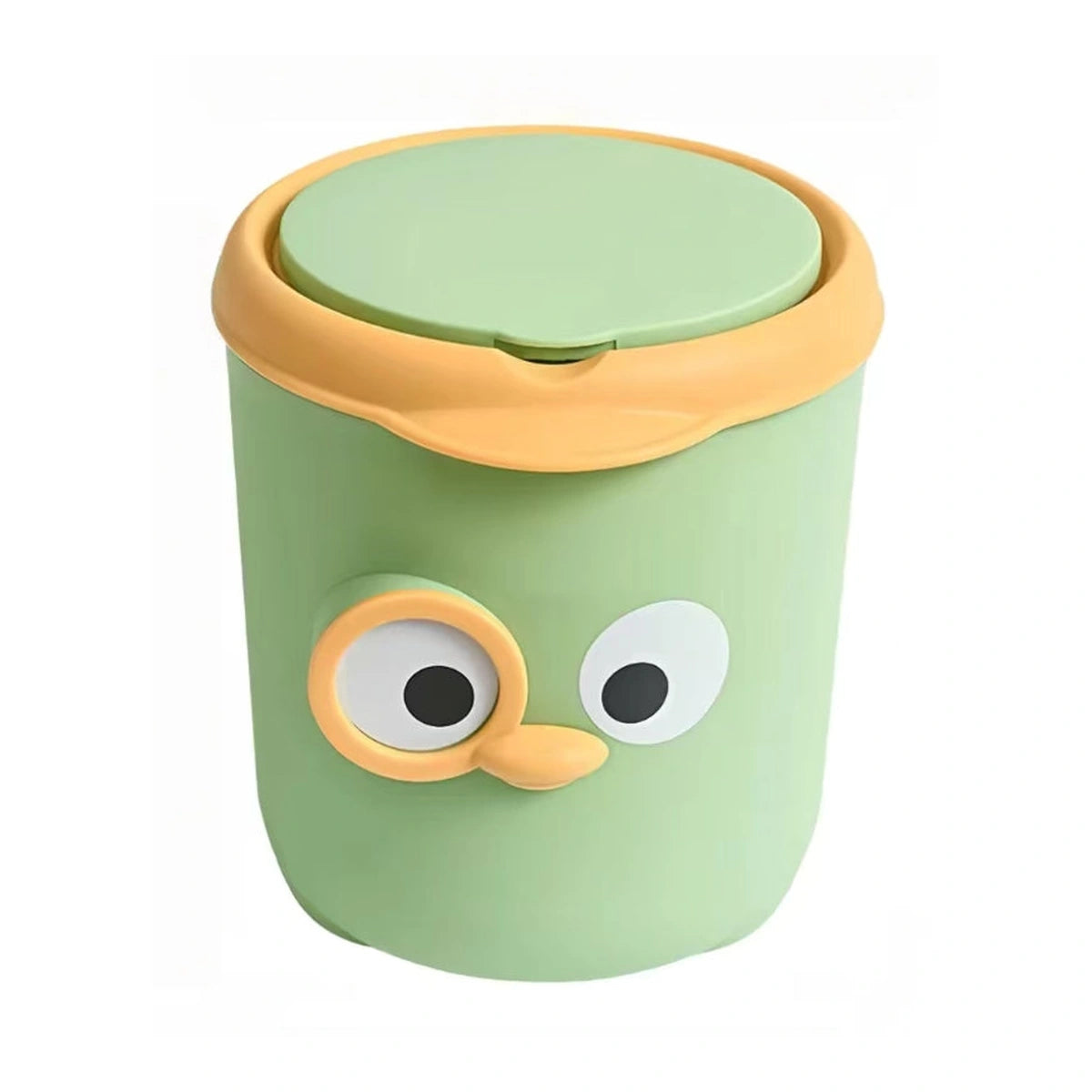 Green cartoon-eye cat litter waste bin with lid