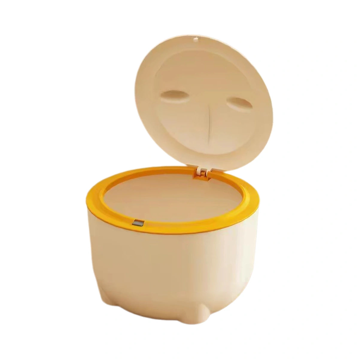 Round cream cat litter waste bin with lid open