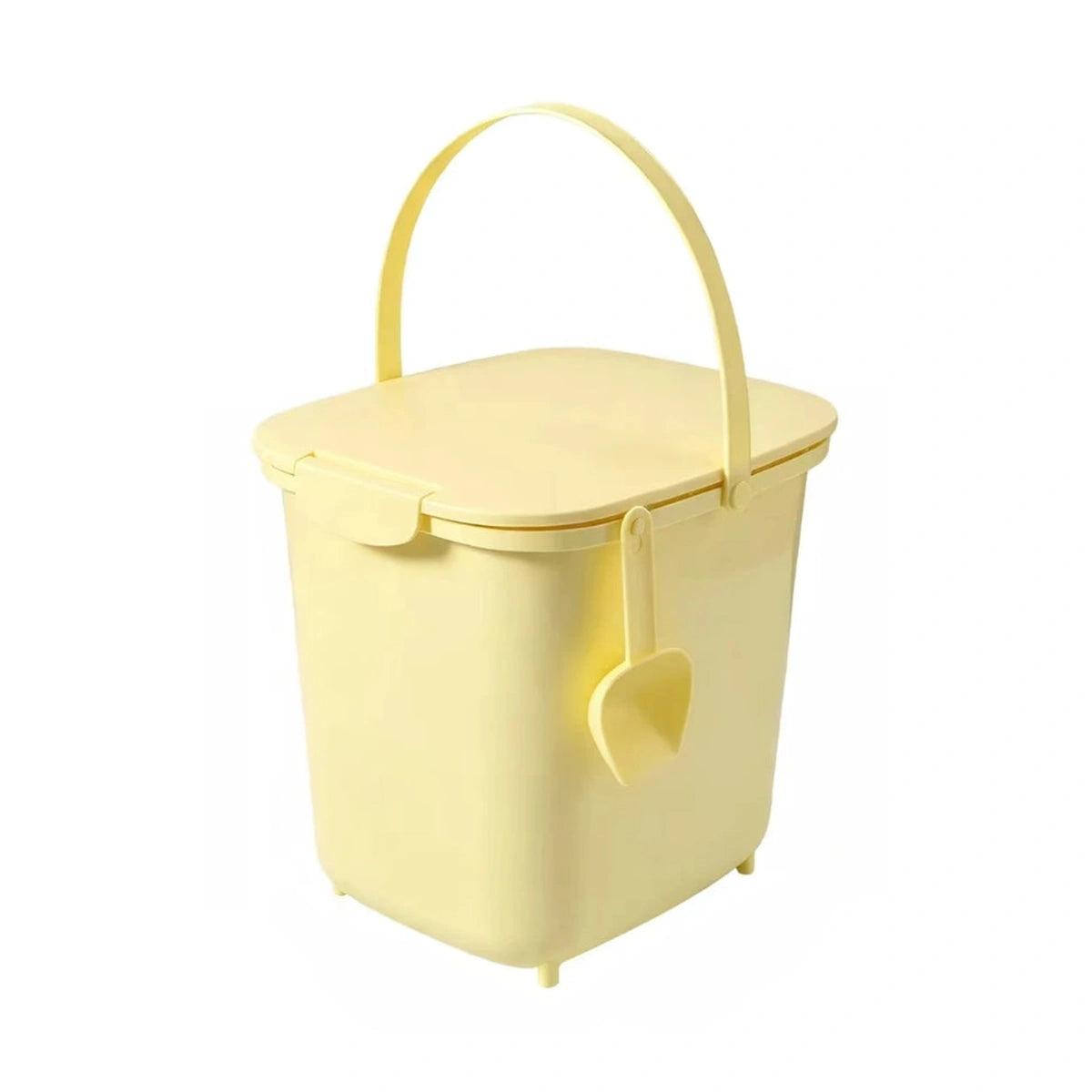 Yellow lidded pet food bin with carry handle and side scoop