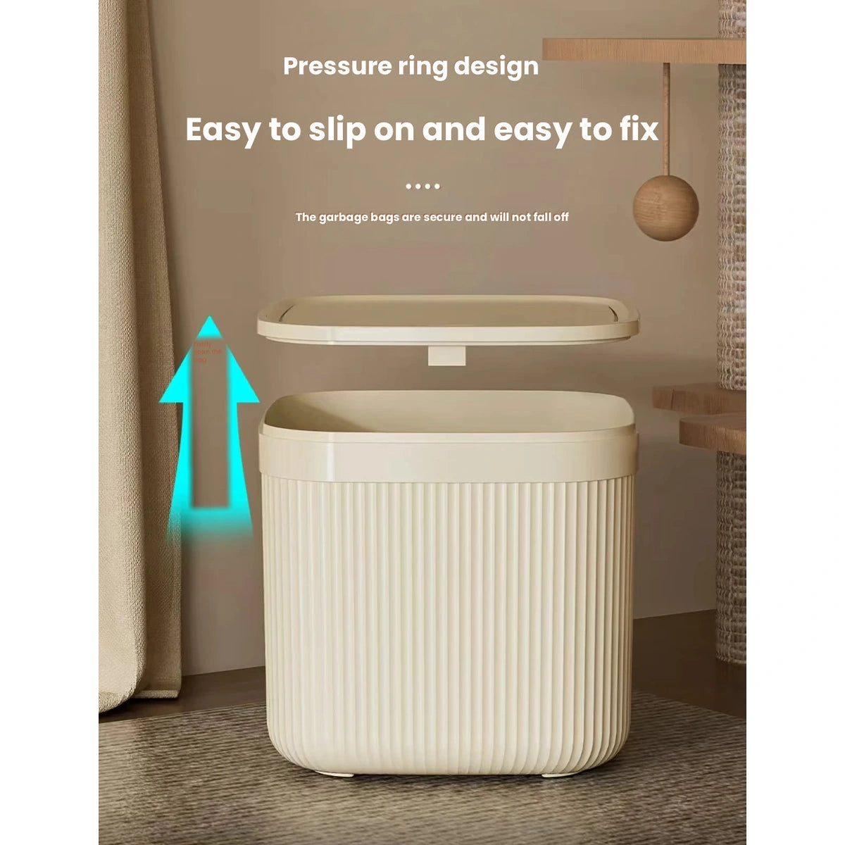 Cream ribbed litter bin showing lid opening