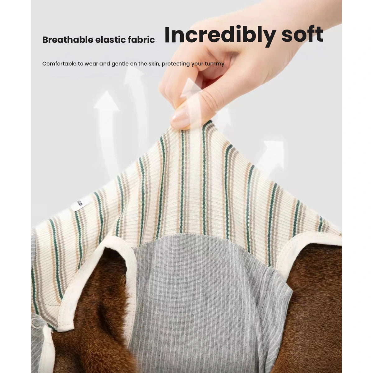 Hand showing HiDREAM striped suit fabric stretch