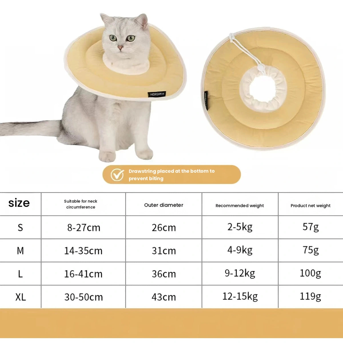 HiDREAM yellow donut collar measurement chart