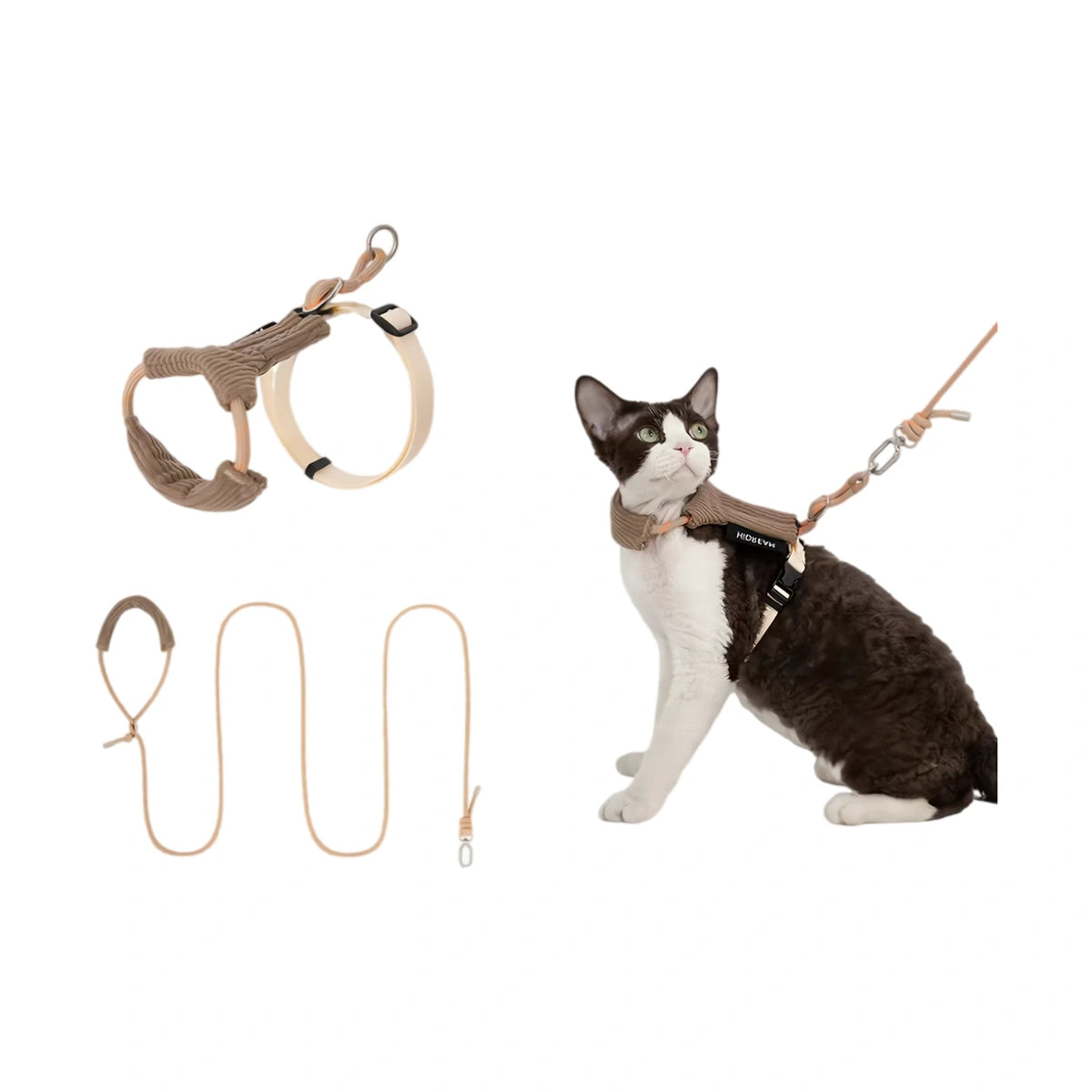 Beige HiDREAM corduroy harness on cat