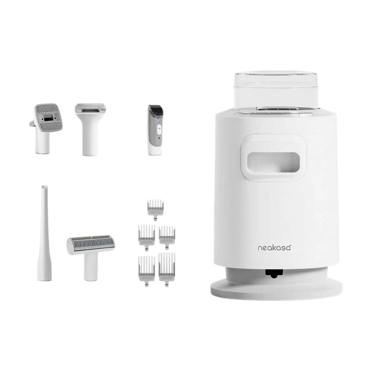 Neakasa white pet grooming vacuum with brush, clipper and cleaning attachments