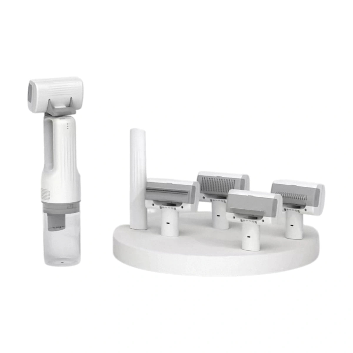White cordless pet grooming vacuum brush with interchangeable heads
