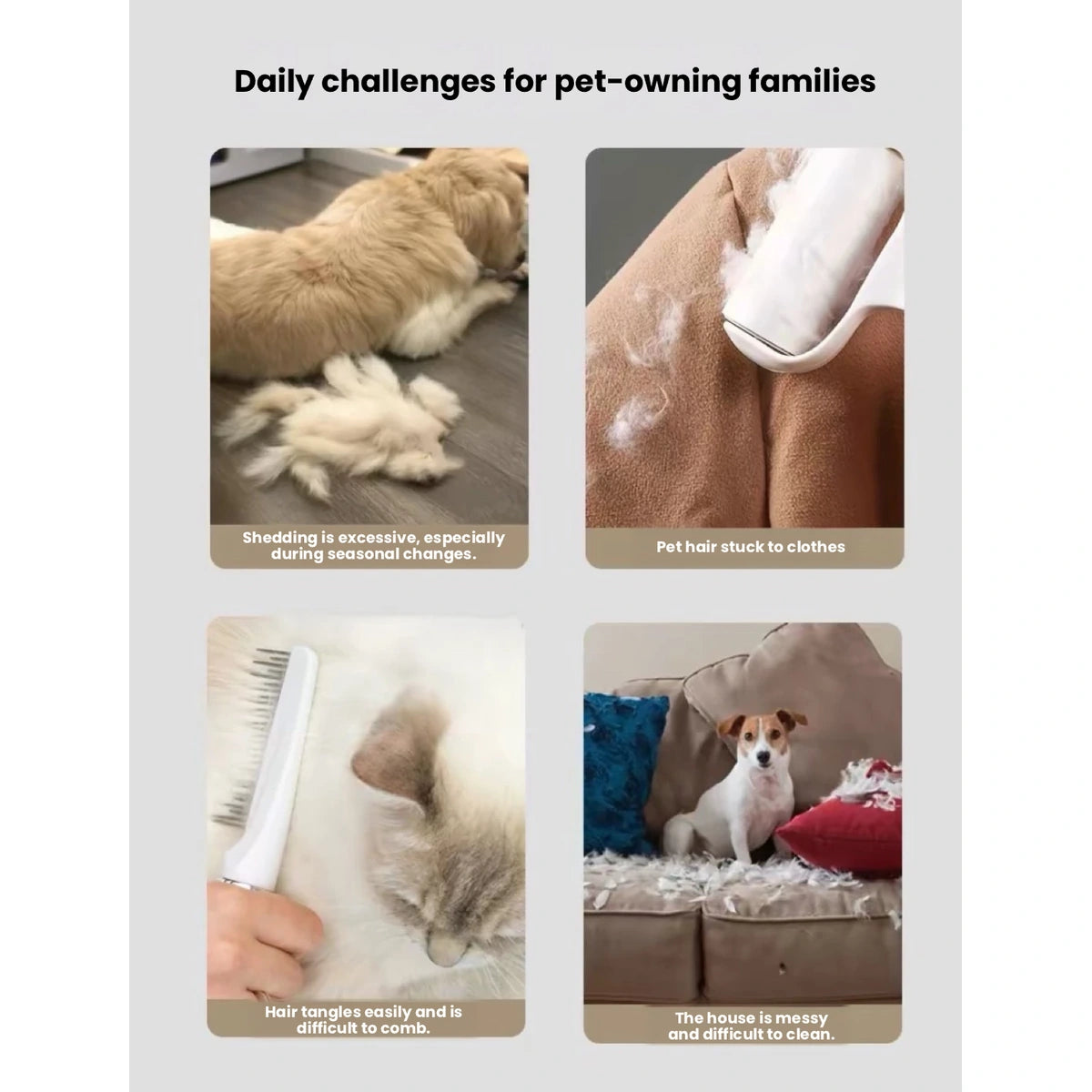 Cordless pet grooming brush infographic showing fur collection uses