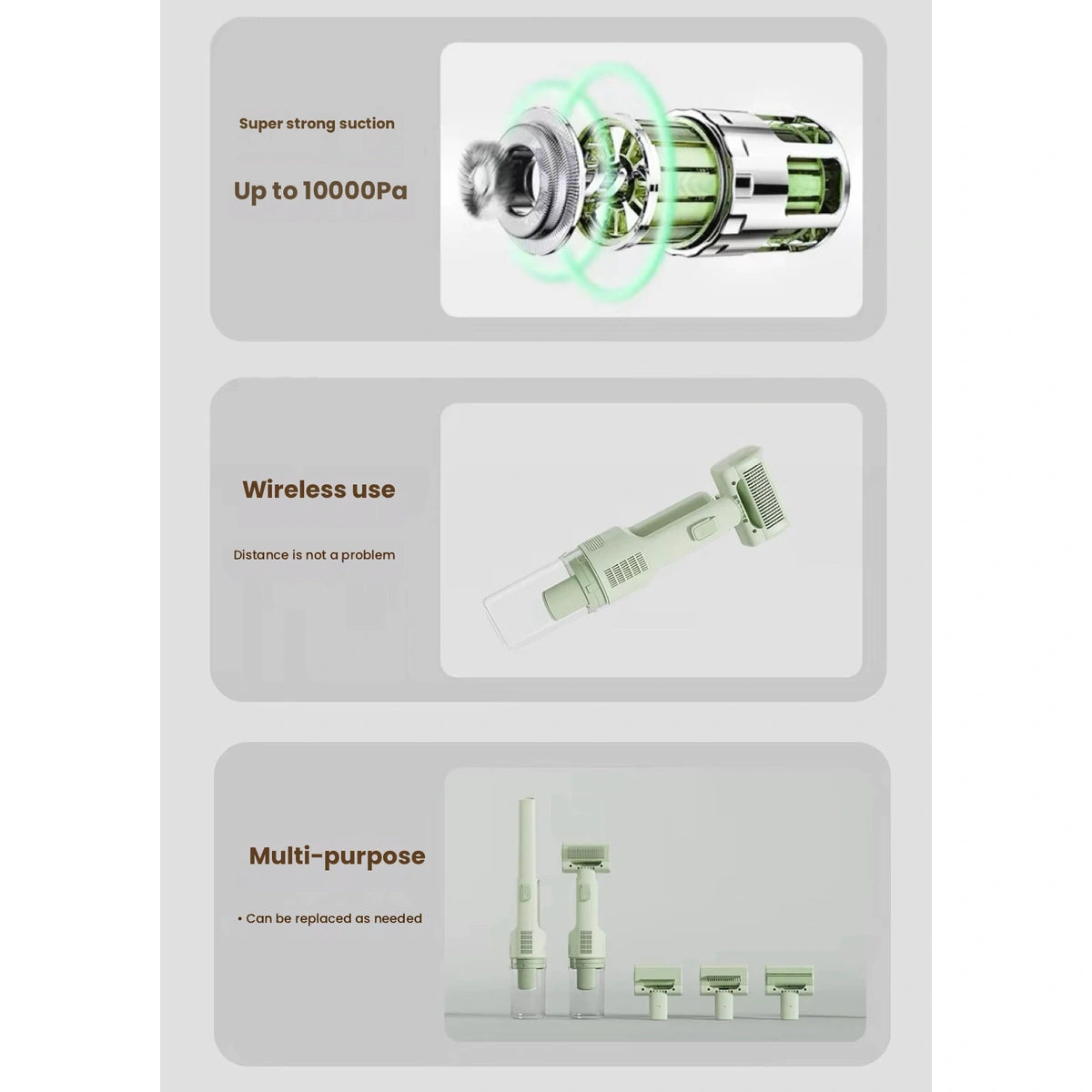 Green pet grooming vacuum brush and motor assembly illustration