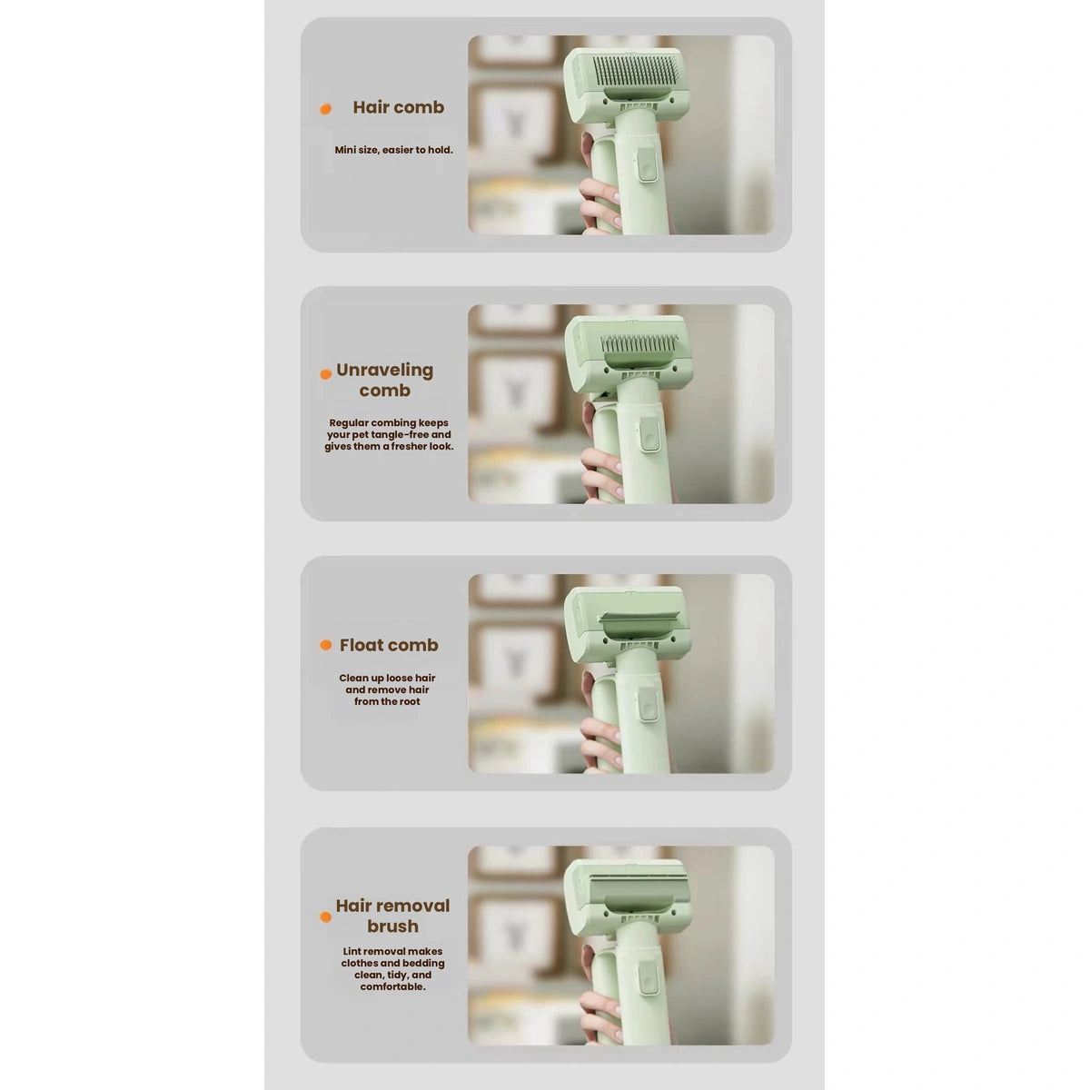Green cordless grooming brush shown with its interchangeable heads