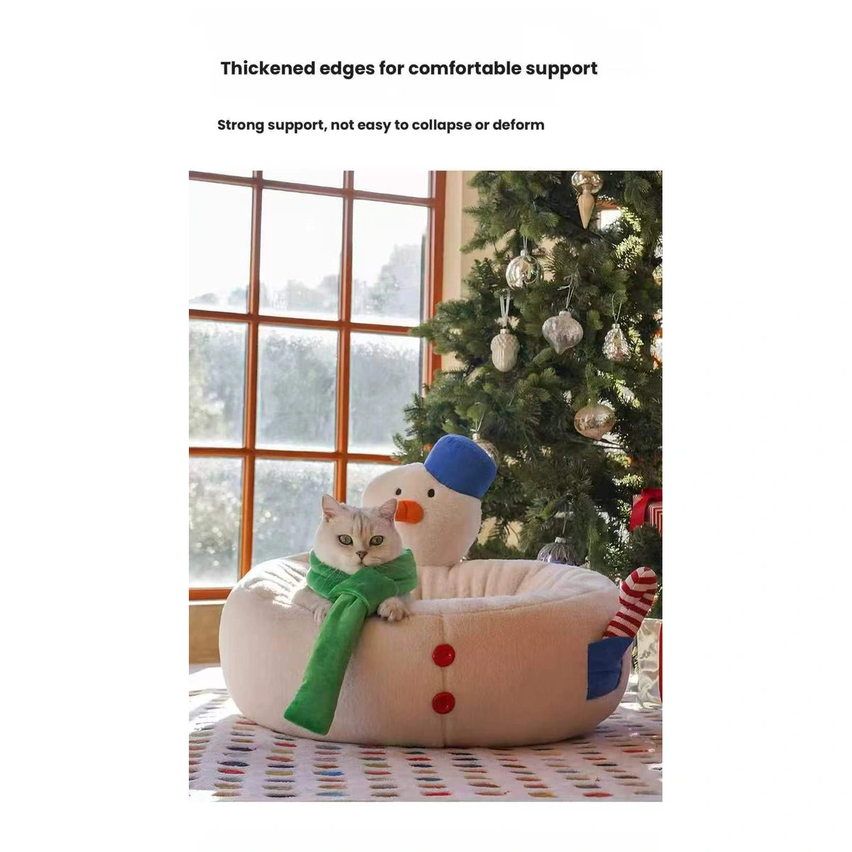 ZEZE snowman pet bed with cat resting beside a decorated tree