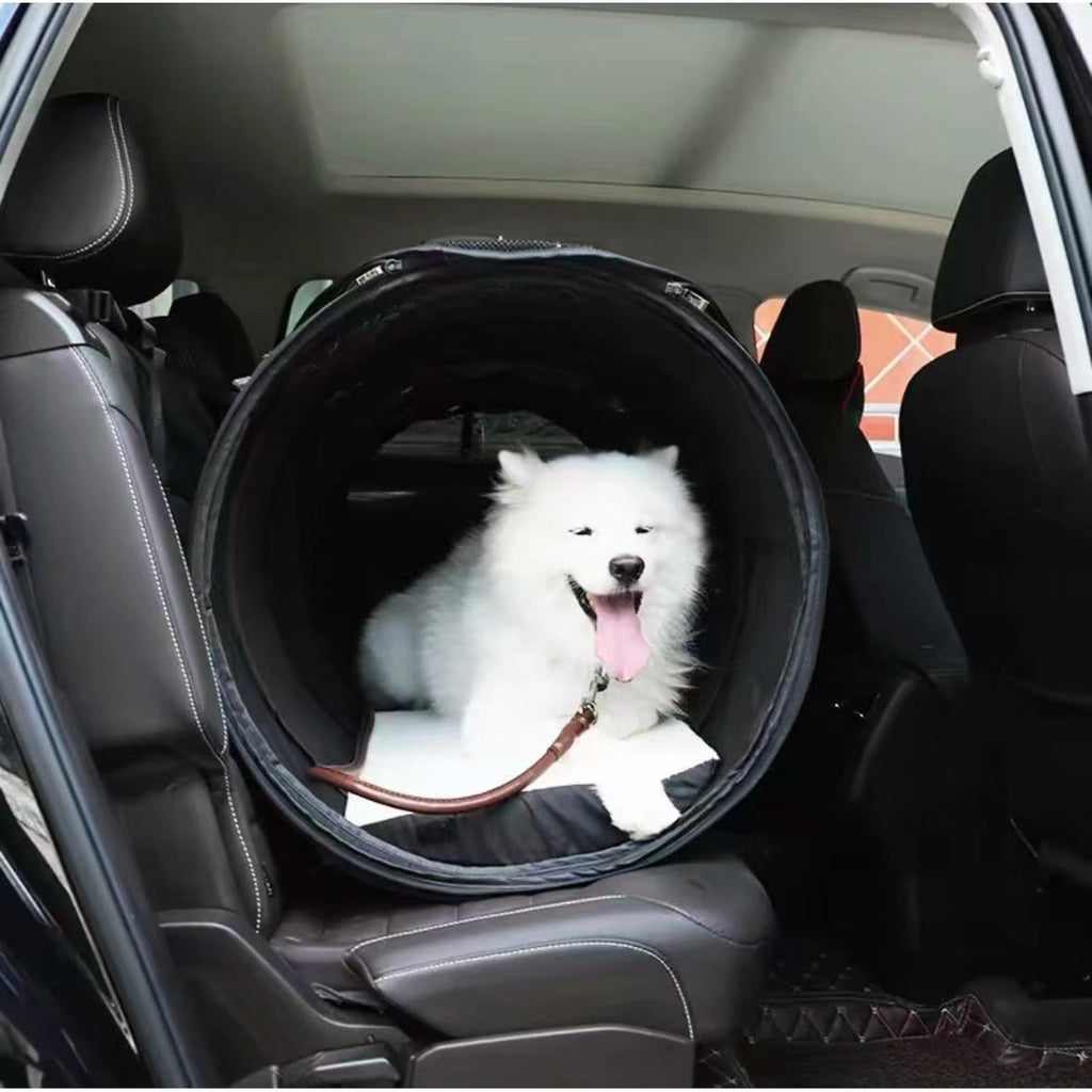PETSFIT soft-sided dog car crate holding a small white dog in a vehicle