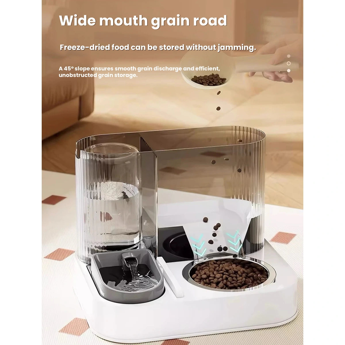 Taigepets dispenser shown with dry food and water