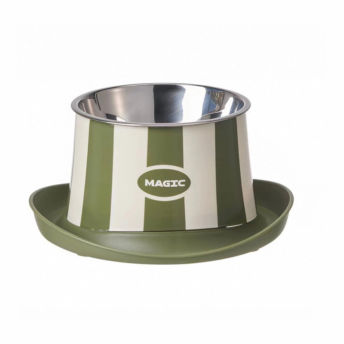 Elevated pet bowl with green stand and stainless-steel dish