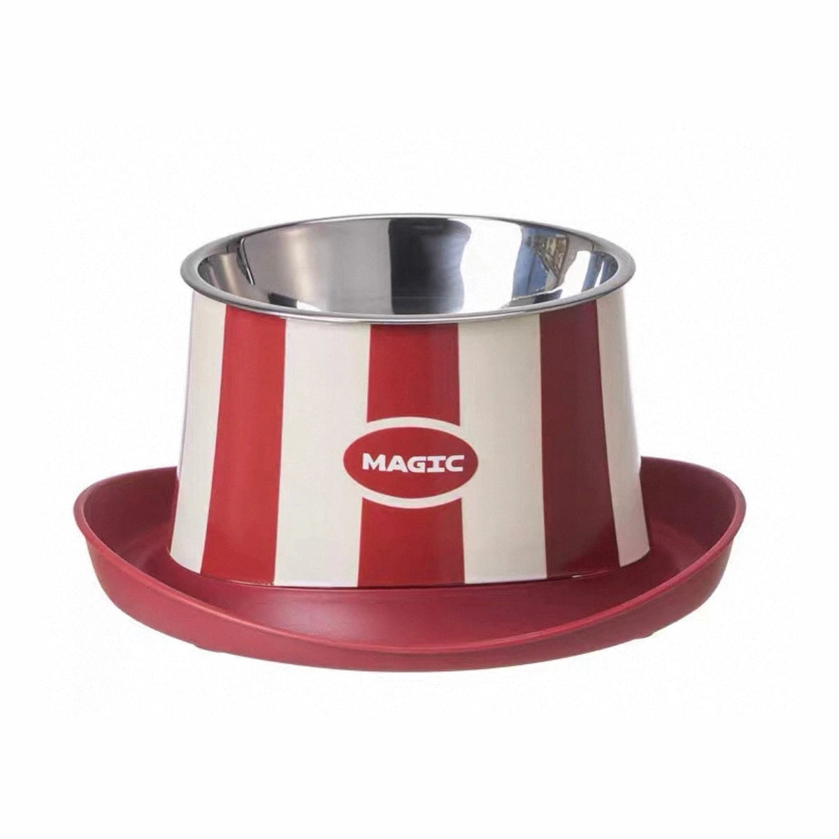 Elevated pet bowl with red stand and stainless-steel dish