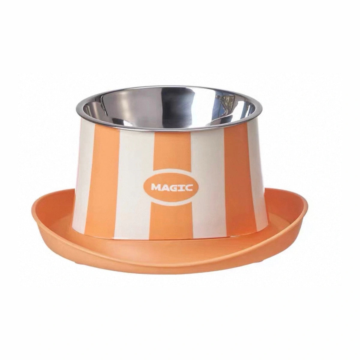 Elevated pet bowl with orange stand and stainless-steel dish