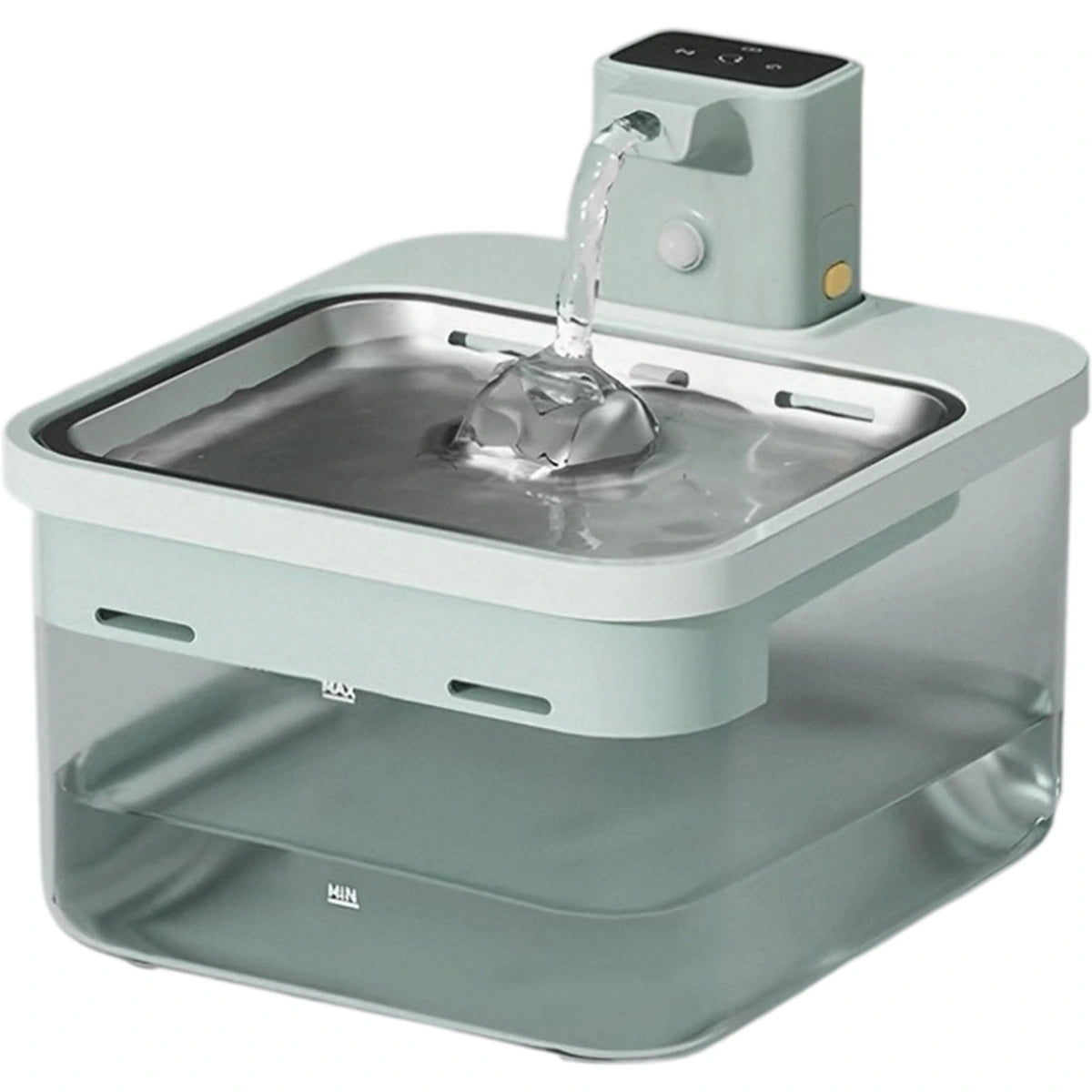 Pale green Wink Honey pet water fountain with a metal tray