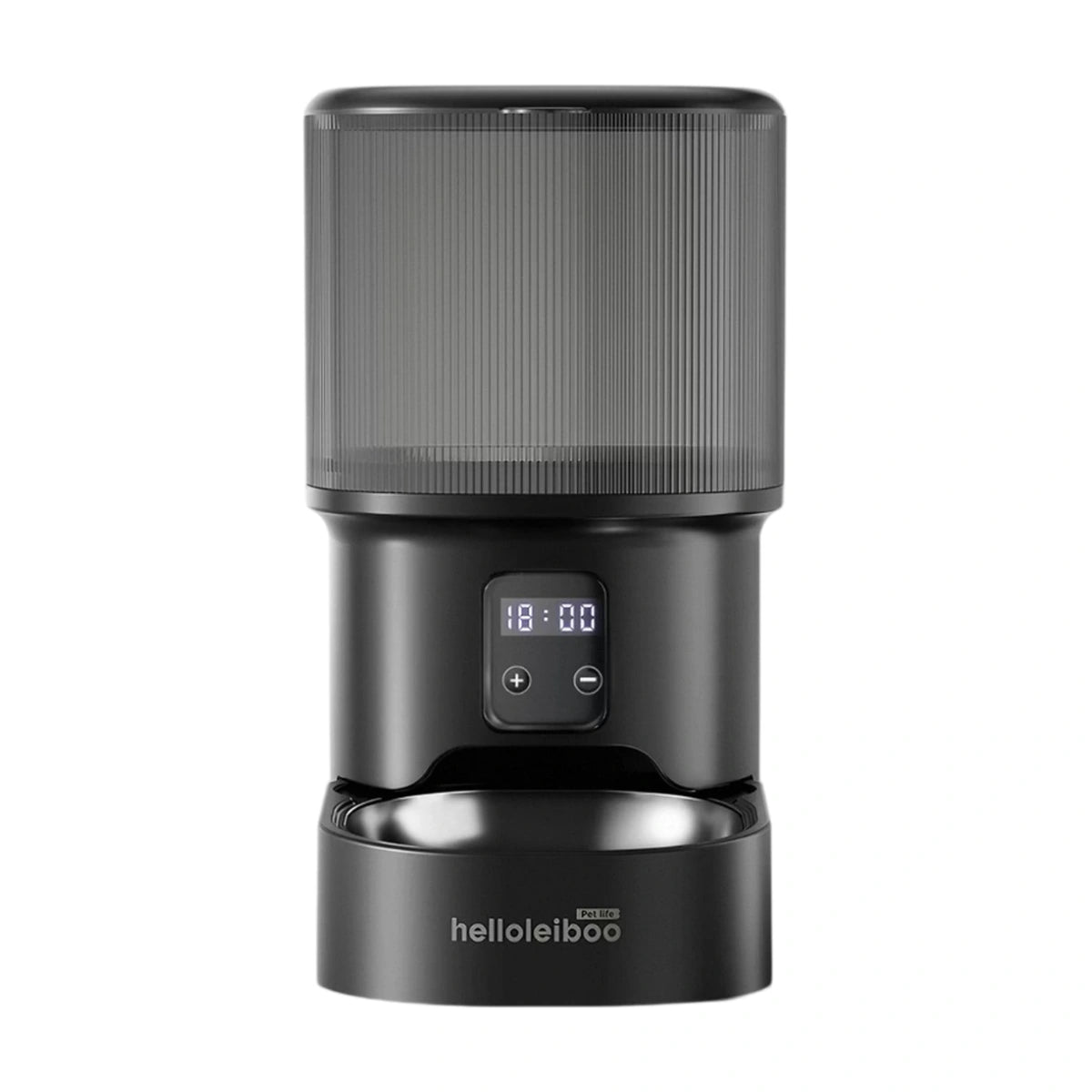 Black LEIBOO automatic pet feeder with tall hopper and serving bowl