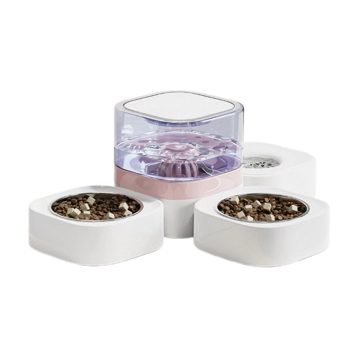 Pink Madden pet water and feeding station with three bowls