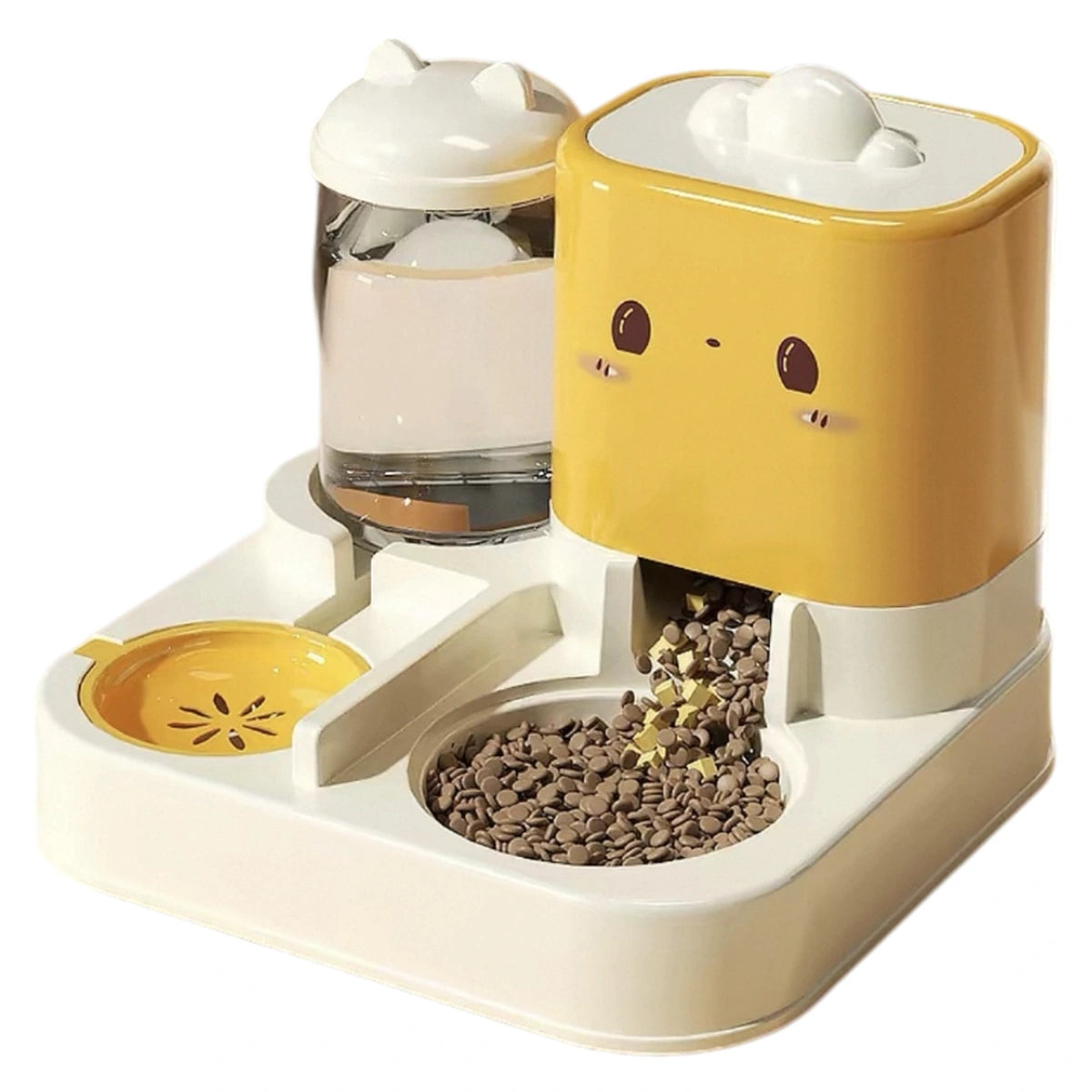 Yellow BNBNO pet feeder with a water bottle and food hopper
