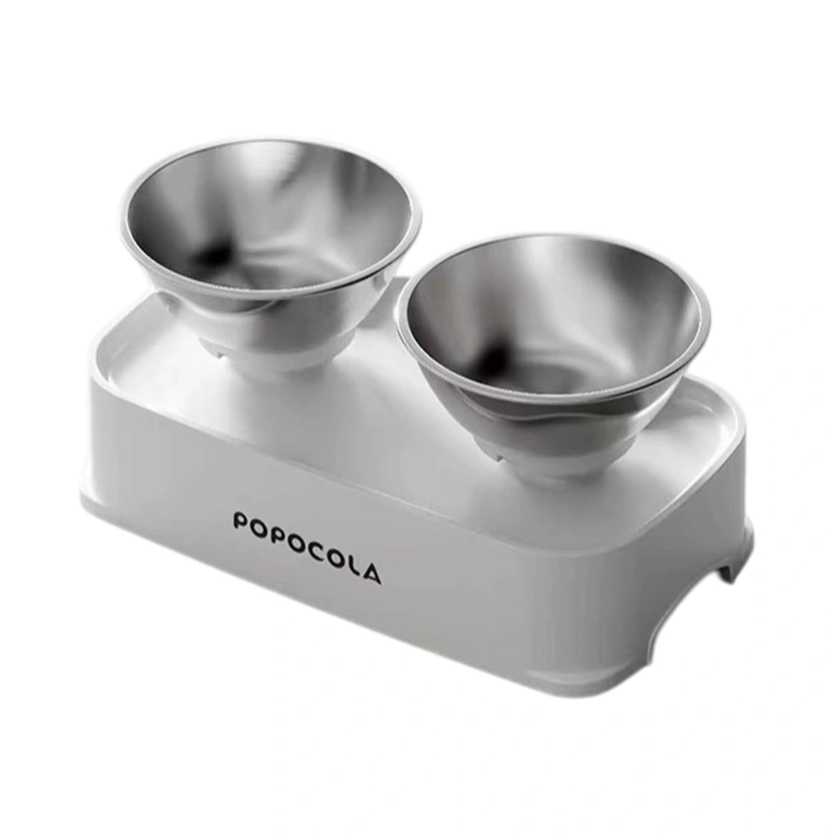 POPOCOLA stand with two steel pet bowls on a silver platform