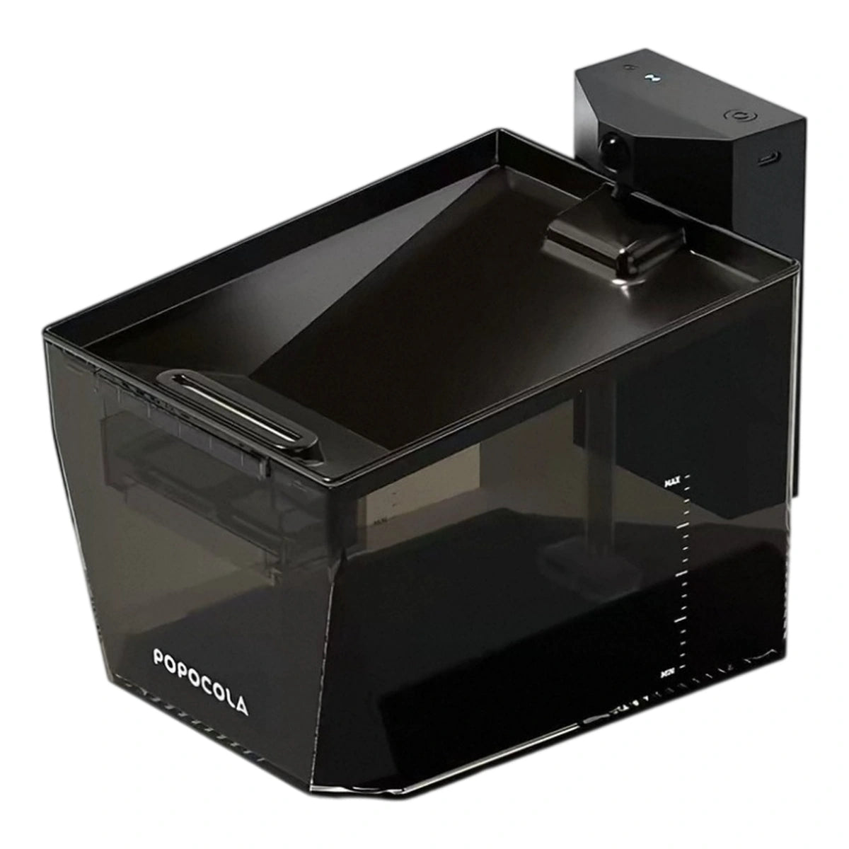 Black POPOCOLA pet water fountain with a stainless steel drinking tray