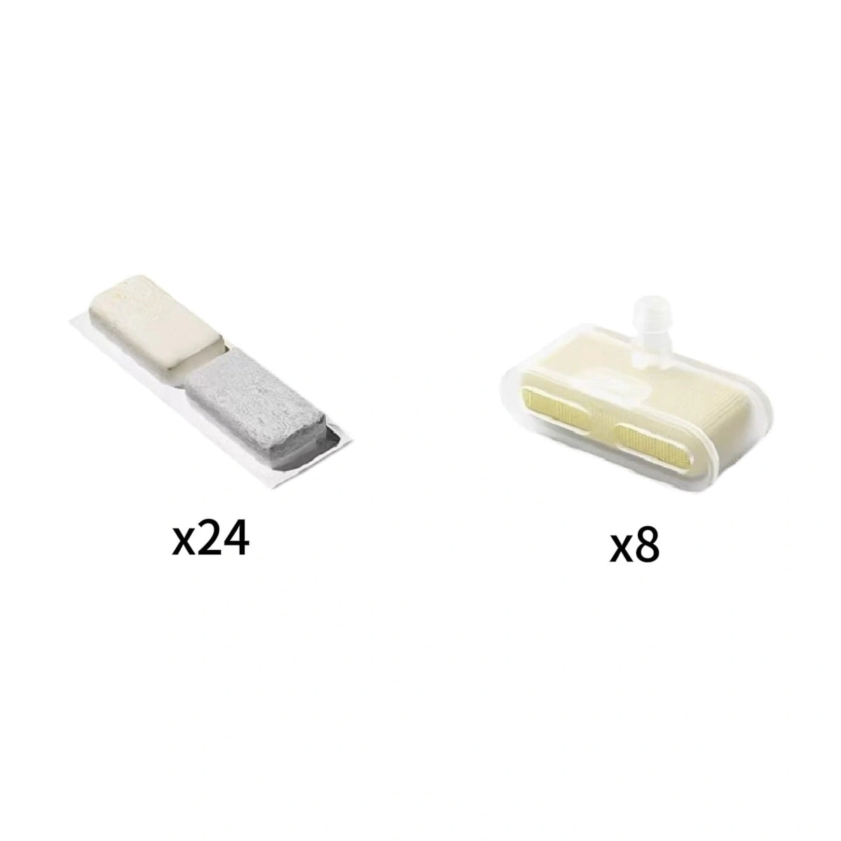 POPOCOLA replacement-filter option showing 24 filter pads and eight sponge pieces