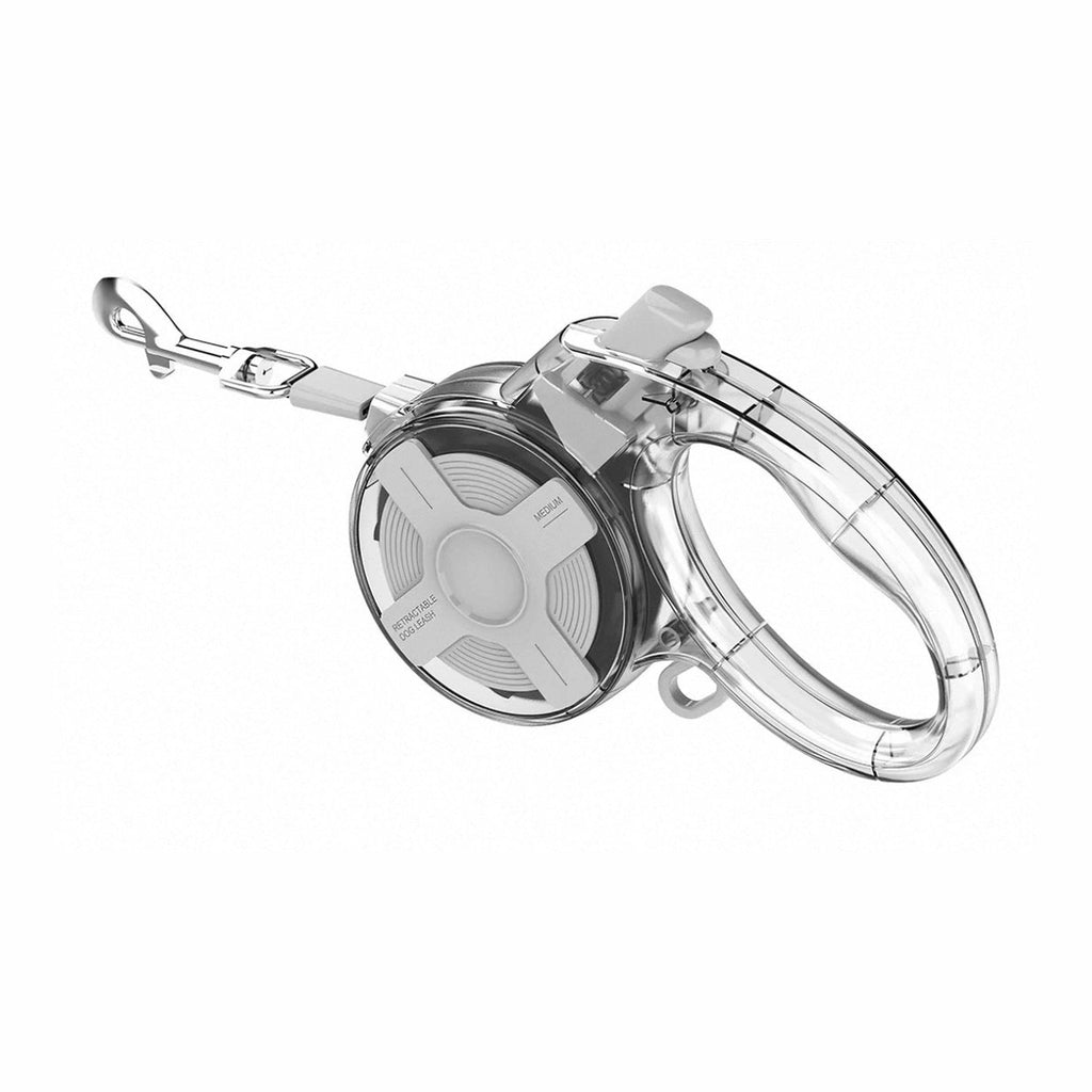 Light-coloured retractable dog lead with transparent outer housing and metal clip