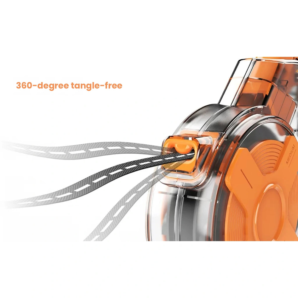 Close-up of the line outlet on the orange retractable dog lead