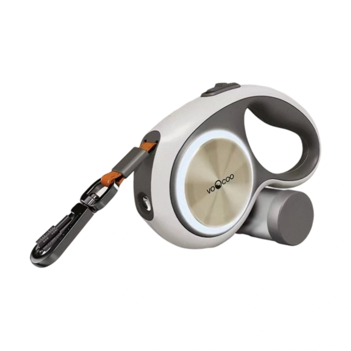 Voocoo retractable dog lead with light-coloured housing and a metal clip