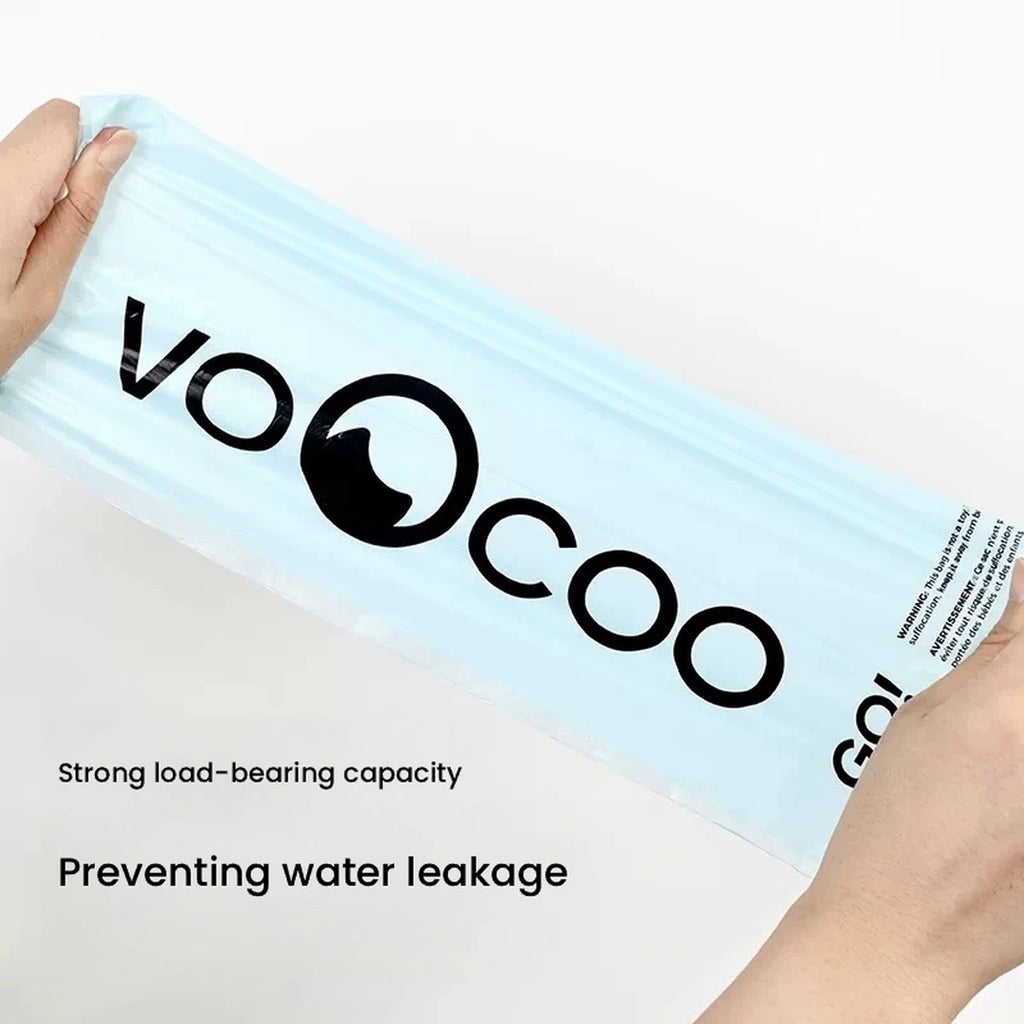 Voocoo dog waste bag with printed branding held between two hands