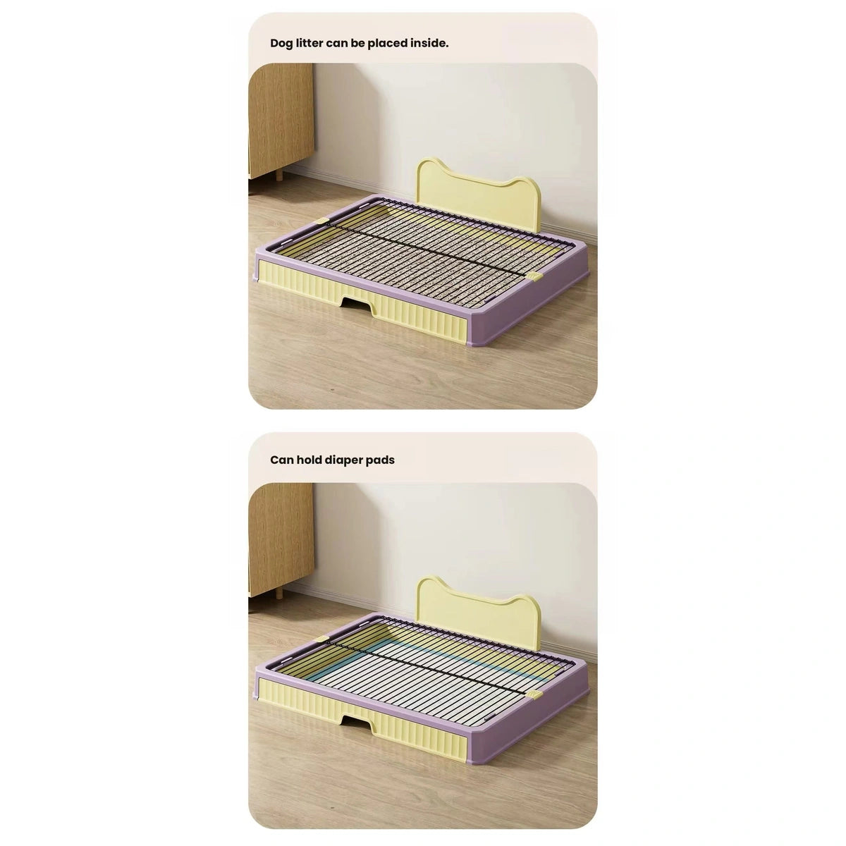 KIMPETS potty tray shown with its rear panel in different positions