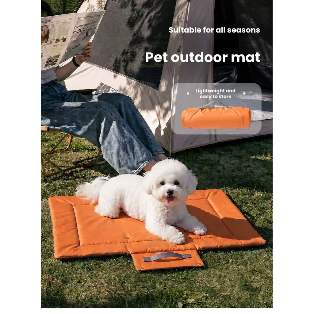 Small dog on an orange Fairypet mat at an outdoor campsite