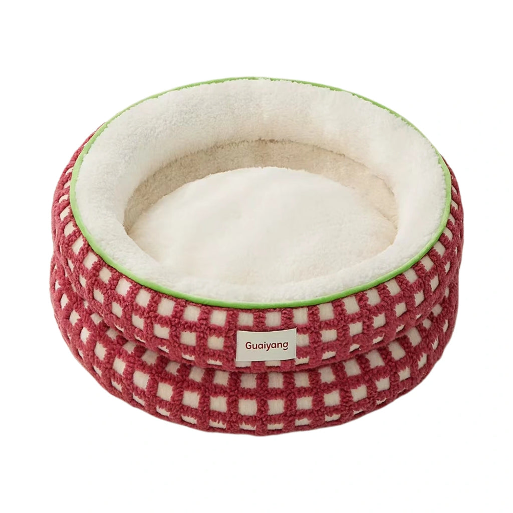 Red checked HiDREAM round pet bed with a cream interior