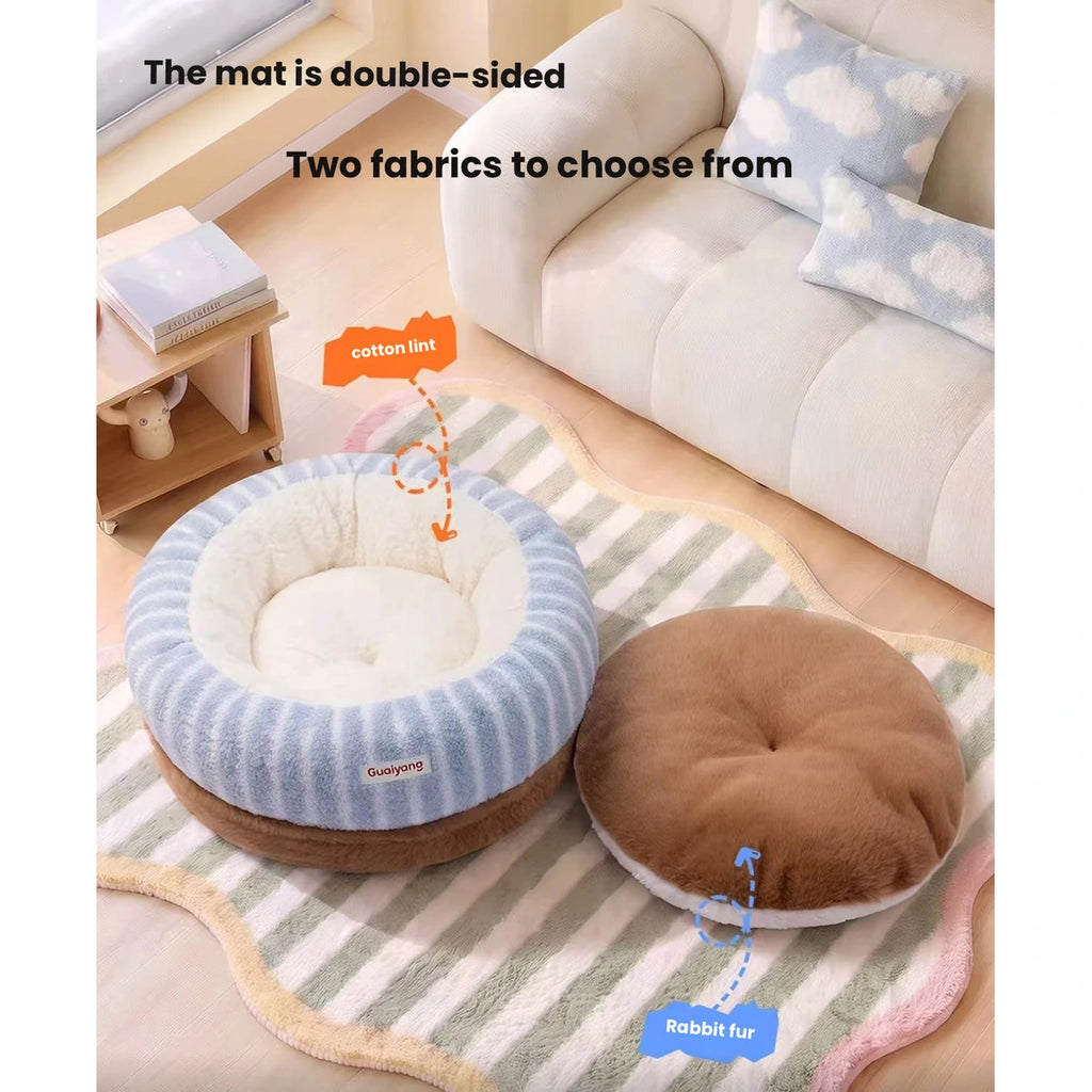 Blue bed with the double-sided cushion lifted out