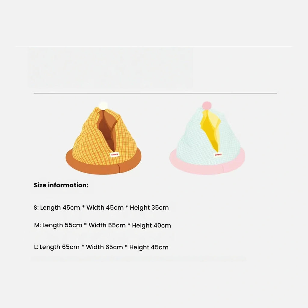 Size chart for the S, M and L checked cat cave beds