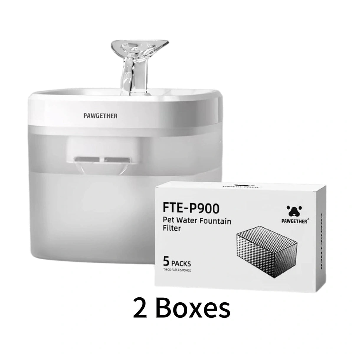 Two boxes of Pawgether FTE-P900 replacement filters beside the compatible P900 fountain
