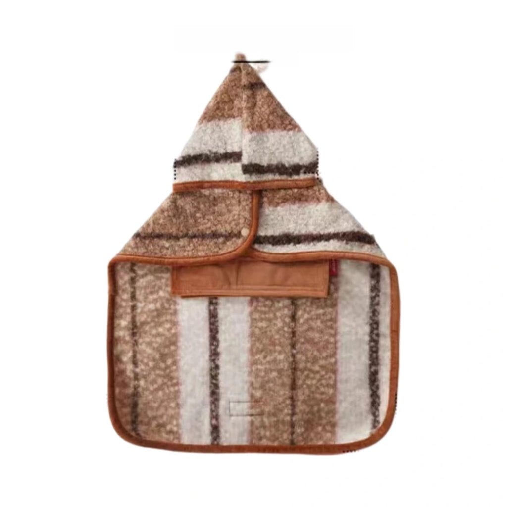 Brown and cream striped Petstar plush hooded pet cape laid flat