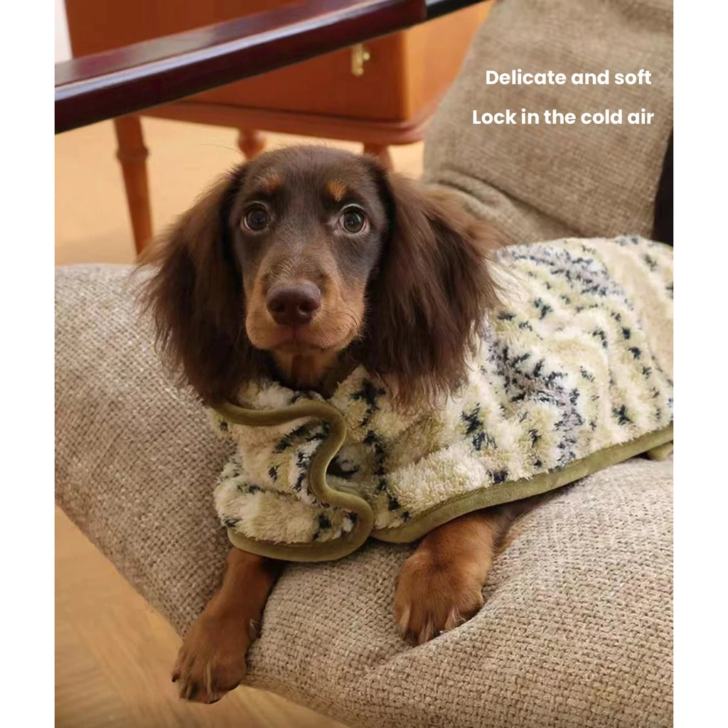 Small dog wearing the olive patterned Petstar plush cape