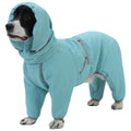 Dog wearing the teal Smile Bomb Lab hooded drying robe