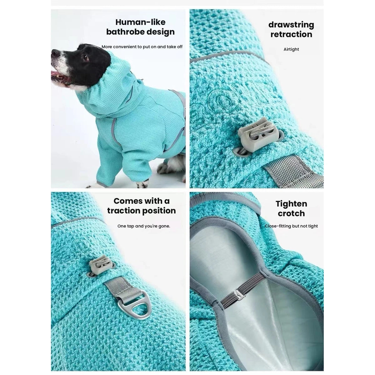 Teal dog drying robe with close-ups of its waist fastening and leg openings